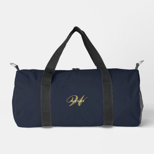 Custom Gold Navy Blue Monogram Initial Fitness ダッフルバッグ (正面)