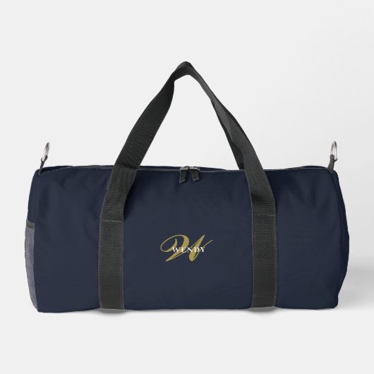 Custom Gold Navy Blue Monogram Initial Fitness ダッフルバッグ (裏面)
