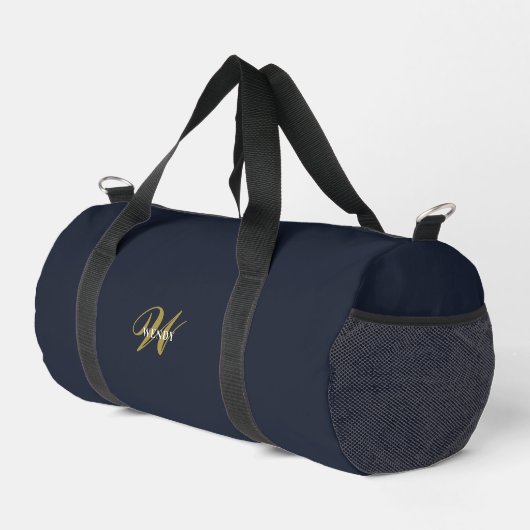 Custom Gold Navy Blue Monogram Initial Fitness ダッフルバッグ (右コーナー)