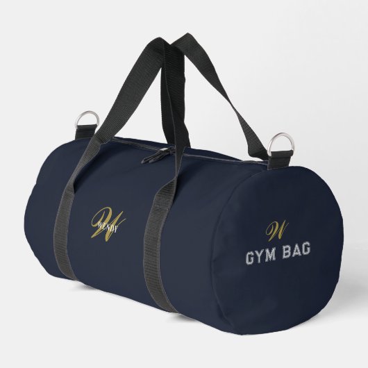 Custom Gold Navy Blue Monogram Initial Fitness ダッフルバッグ (左コーナー)