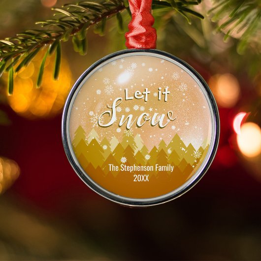 Custom Gold Snowy Forest Merry Christmas メタルオーナメント