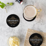 Custom Grandad's Pub Home Bar Year Established ラウンドペーパーコースター<br><div class="desc">Gift a special grandfather with these awesome custom coasters for Father's Day. Makes a great addition to grandpa's home bar setup,  featuring "Grandad's Pub" and the year established on a vintage style bar logo. All text is customizable; switch up the nickname or swap bar for pub if desired.</div>