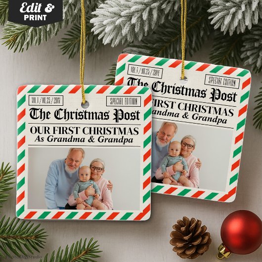 Custom Grandparents Our First Christmas Newspaper セラミックオーナメント