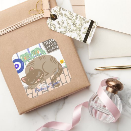 Custom Greek Taverna Cat Mediterranean Scene スクエアシール (ギフト)