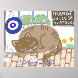 Custom Greek Taverna Cat Mediterranean Scene ポスター