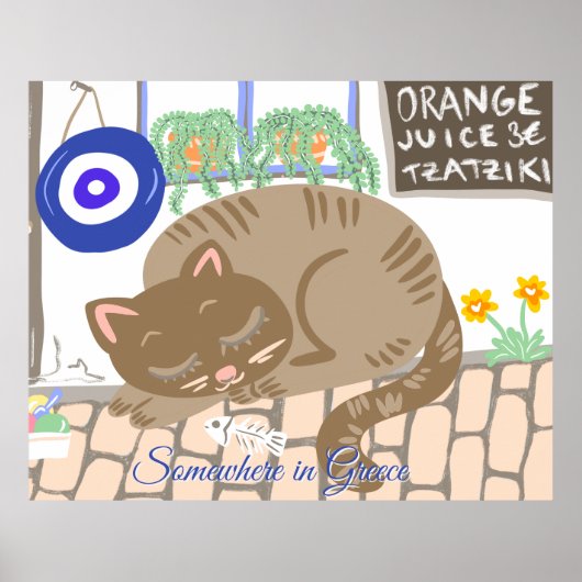 Custom Greek Taverna Cat Mediterranean Scene ポスター (正面)