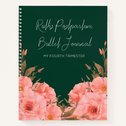 Custom Green Floral Postpartum Journal | New Moms ノートブック (正面)