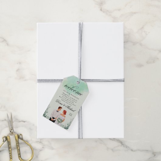 Custom green watercolor flowy wedding ギフトタグ (より糸付き)