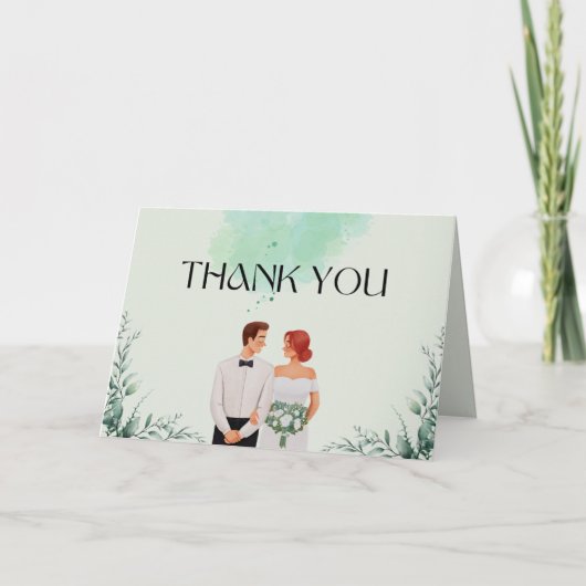 Custom green watercolor flowy wedding サンキューカード (正面)
