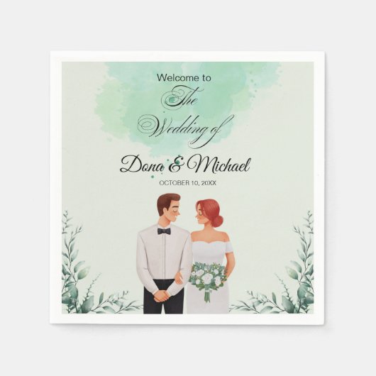 Custom green watercolor flowy wedding スタンダードカクテルナプキン (正面)
