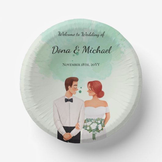 Custom green watercolor flowy wedding ペーパーボウル (正面)