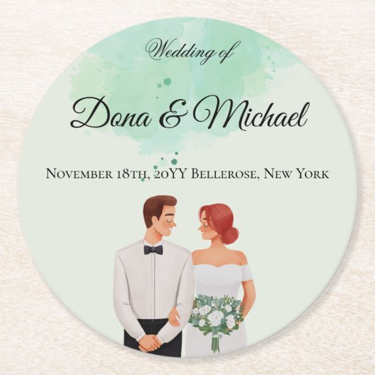 Custom green watercolor flowy wedding ラウンドペーパーコースター (正面)