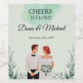 Custom green watercolor flowy wedding ワインラベル (シングルラベル)