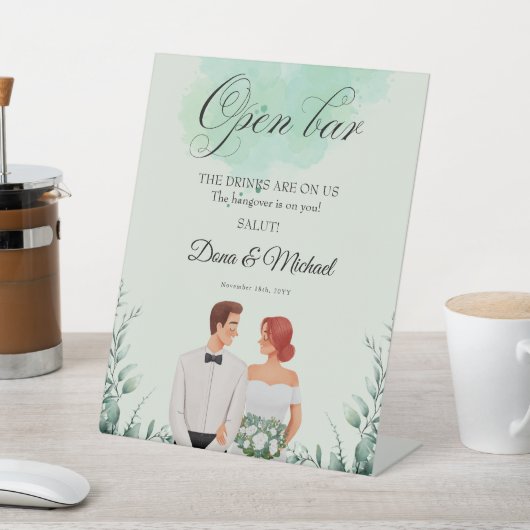 Custom green watercolor flowy wedding 台座サイン (インサイチュ)