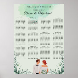 Custom green watercolor wedding seating chart ポスター