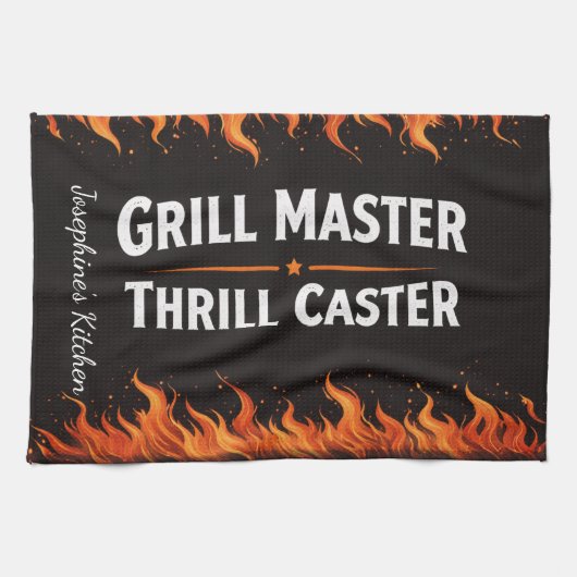 Custom Grill Master Thrill Caster BBQ Fire Dad Nam キッチンタオル (横)