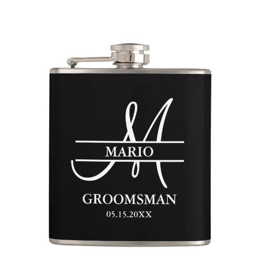 Custom Groomsman Best Man Wedding Monogram Black  フラスク (正面)