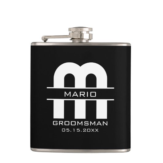 Custom Groomsman Best Man Wedding Monogram Black  フラスク (正面)