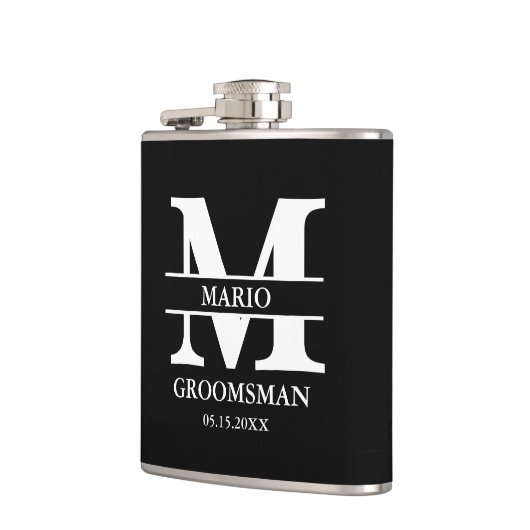 Custom Groomsman Best Man Wedding Monogram Black  フラスク (左)