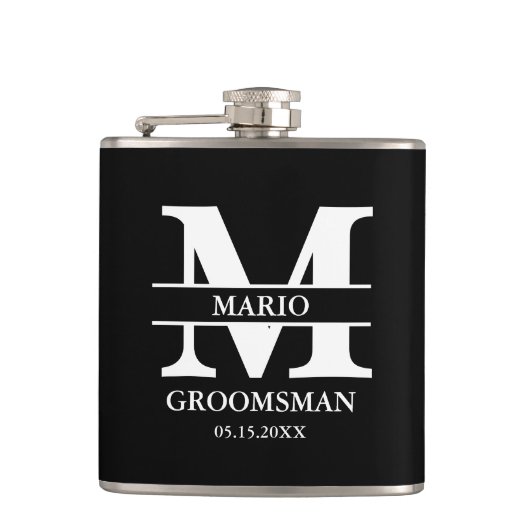 Custom Groomsman Best Man Wedding Monogram Black  フラスク (正面)