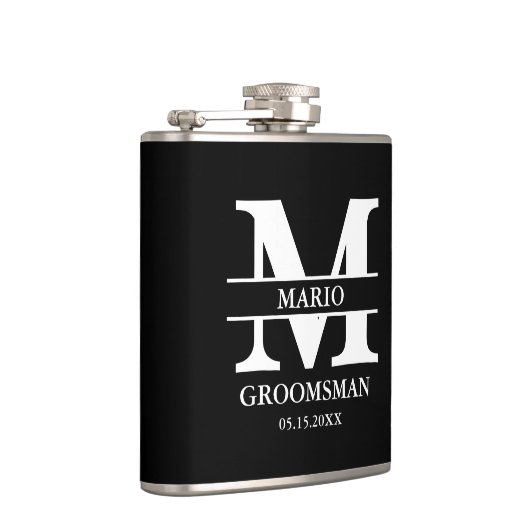 Custom Groomsman Best Man Wedding Monogram Black  フラスク (右)