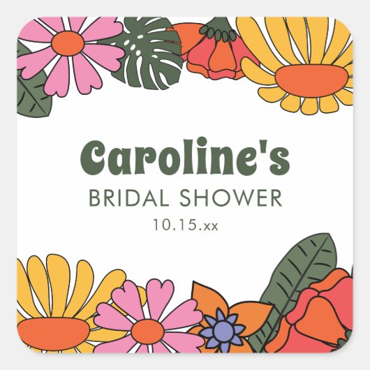 Custom Groovy Pink Orange Floral Bridal Shower  スクエアシール (正面)