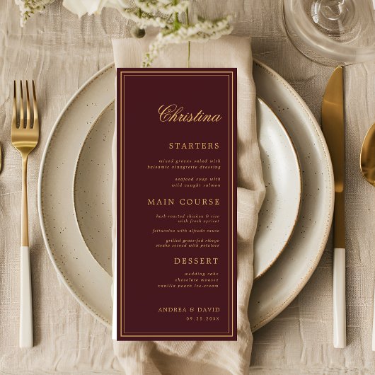 Custom Guest Name Burgundy Gold Place Card Menu メニュー