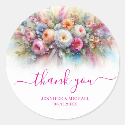 Custom Hand Script Thank You Watercolor Floral ラウンドシール (正面)