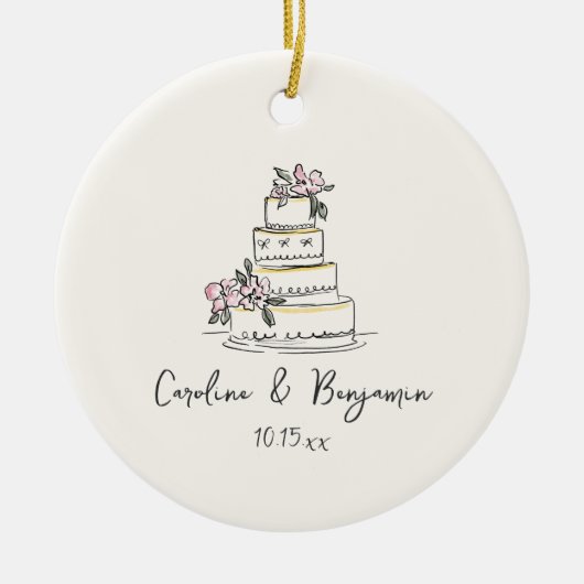Custom Handwritten Blush Cream Doodle Wedding Cake セラミックオーナメント (正面)
