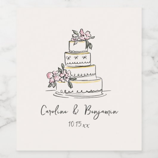 Custom Handwritten Blush Cream Doodle Wedding Cake ワインラベル (シングルラベル)