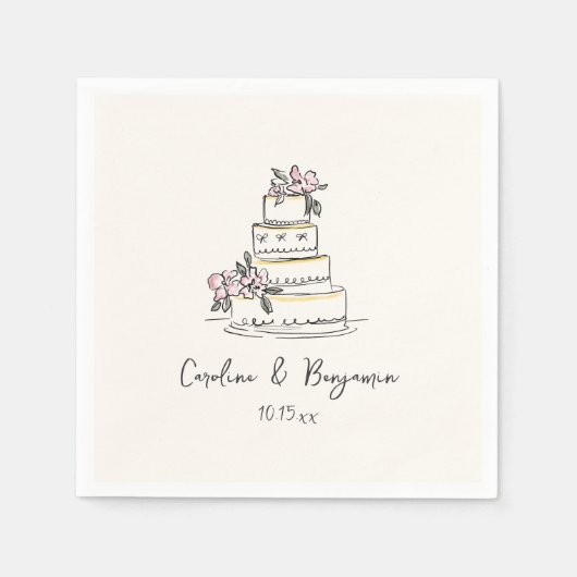 Custom Handwritten Pink Yellow Doodle Wedding Cake スタンダードカクテルナプキン (正面)