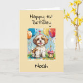 Custom Happy 1st Birthday Congratulations, Puppy  カード (黄色い花)