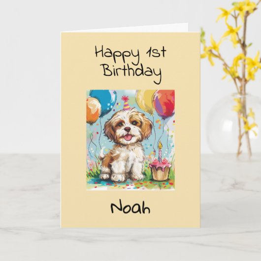 Custom Happy 1st Birthday Congratulations, Puppy  カード (黄色い花)