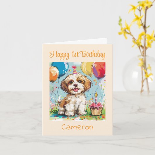 Custom Happy 1st Birthday Congratulations, Puppy  カード (黄色い花)