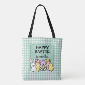 Custom Happy Easter Bunny Chick Green Gingham トートバッグ (裏面)