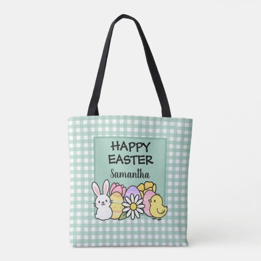 Custom Happy Easter Bunny Chick Green Gingham トートバッグ (裏面)