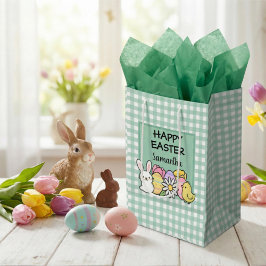 Custom Happy Easter Bunny Chick Green Gingham ミディアムペーパーバッグ