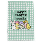 Custom Happy Easter Bunny Chick Green Gingham ミディアムペーパーバッグ (正面)