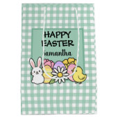 Custom Happy Easter Bunny Chick Green Gingham ミディアムペーパーバッグ (裏面)