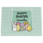 Custom Happy Easter Bunny Chick Green Gingham ラージペーパーバッグ (正面)