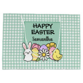 Custom Happy Easter Bunny Chick Green Gingham ラージペーパーバッグ (裏面)