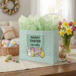 Custom Happy Easter Bunny Chick Green Gingham ラージペーパーバッグ