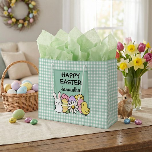Custom Happy Easter Bunny Chick Green Gingham ラージペーパーバッグ