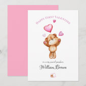 Custom "Happy First Valentine" Teddy Bear Greeting シーズンカード (正面/裏面)