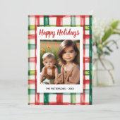 Custom Happy Holidays Fun Plaid Red Green Photo シーズンカード (スタンド正面)