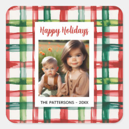 Custom Happy Holidays Fun Plaid Red Green Photo スクエアシール