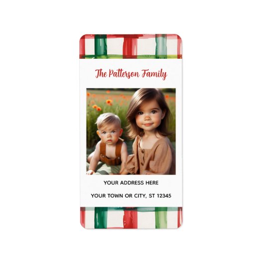 Custom Happy Holidays Fun Plaid Red Green Photo ラベル (正面)