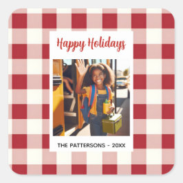 Custom Happy Holidays Fun Plaid Red White Photo スクエアシール