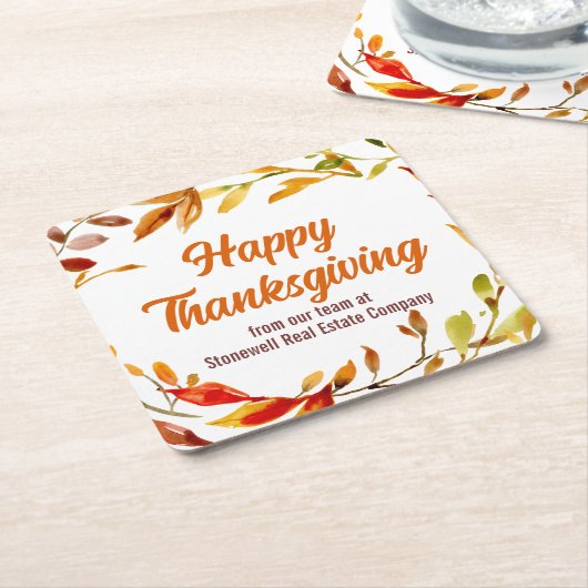 Custom Happy Thanksgiving Autumn Leaves Company スクエアペーパーコースター (アングル)