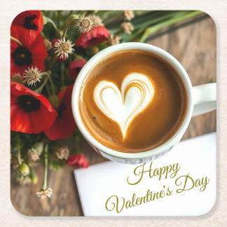 Custom Happy Valentine's Day Coffee Cup with Heart スクエアペーパーコースター